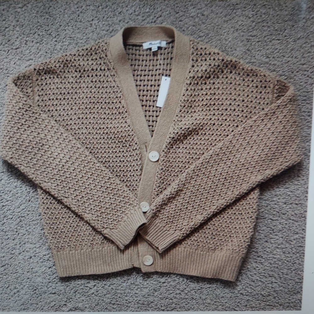 Madewell Womens Cardigan S Tan Boho Open Knit Crochet Button Front